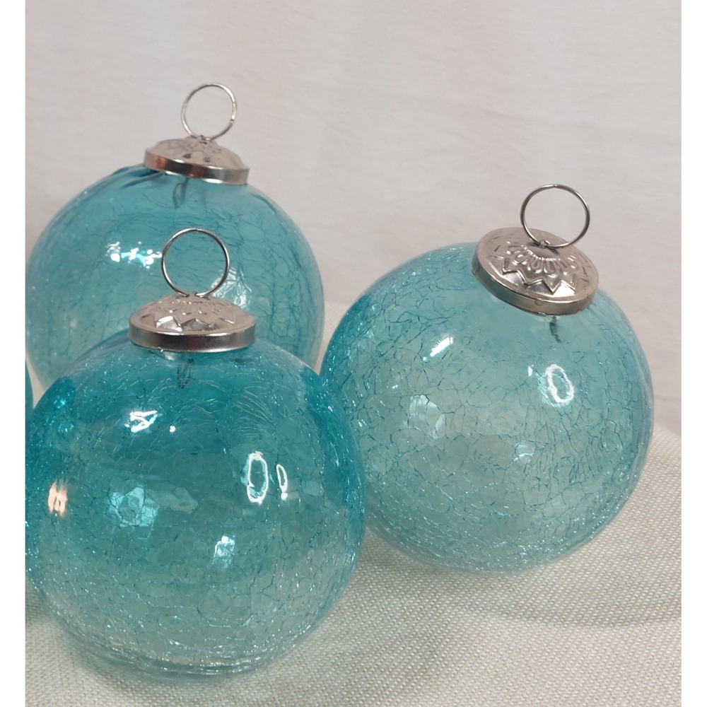 Set Of 3 Large Aqua Blue Crackle Glass Christmas Ornaments Coastal Beach 4" - Picture 5 of 15